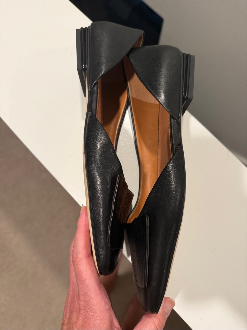 Black Leather Square-Toe SARTO Flats US 10 square heel cut out side A-TRACY SHOE - Picture 7 of 8